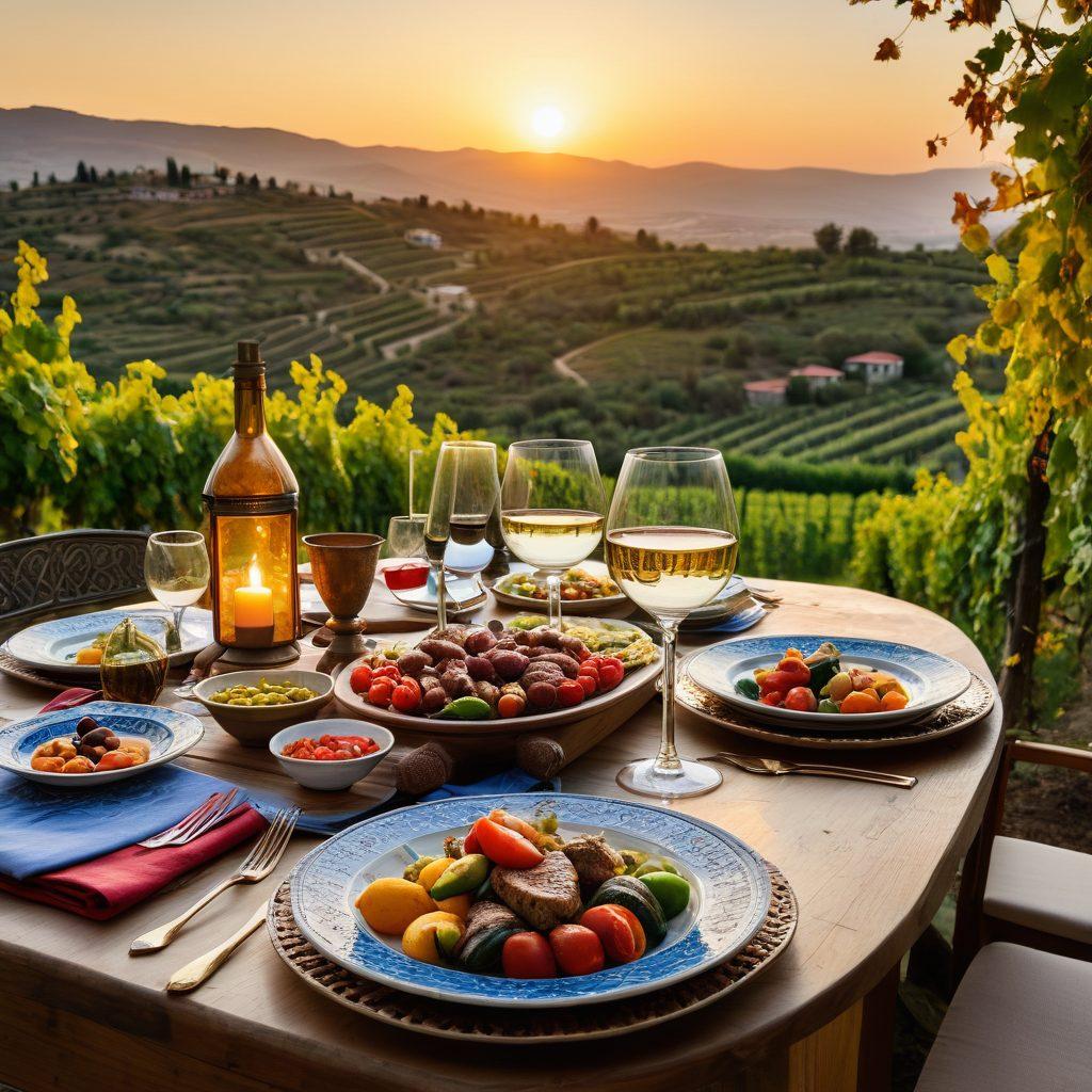 A beautifully set dinner table in a scenic vineyard in Turkey, showcasing a variety of traditional dishes like Meze and Kebabs alongside exquisite wine glasses filled with local Turkish wines. The backdrop features rolling hills with grapevines under a clear blue sky, while a warm sunset casts a golden glow on the scene. Include elements of Turkish culture like ceramics and lanterns for authenticity. vibrant colors. super-realistic.
