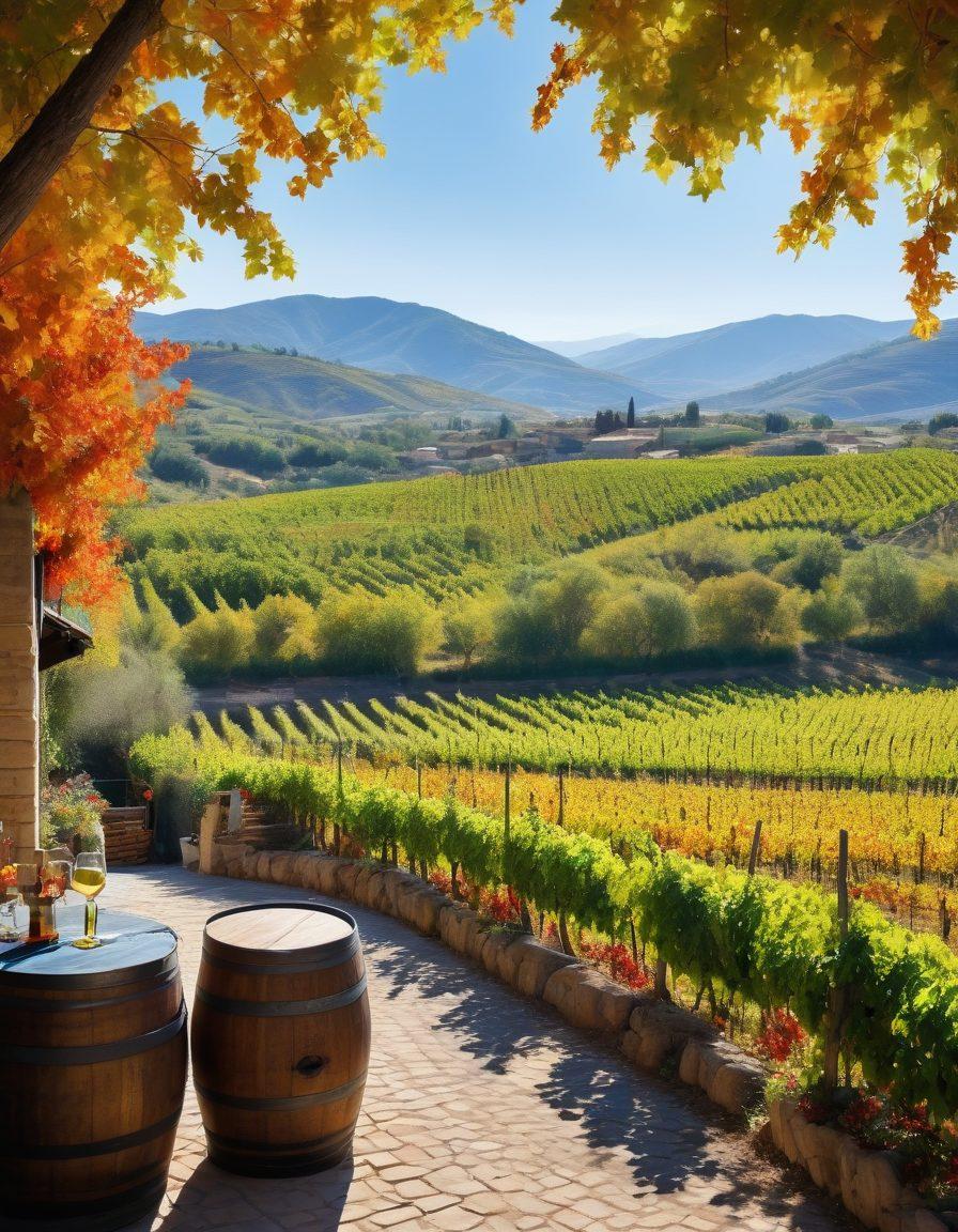 A picturesque vineyard in Turkey, showcasing lush green grapevines under a clear blue sky. Include rustic wooden wine barrels and a cozy terrace with a scenic view of distant hills. A couple enjoying wine tasting while surrounded by vibrant autumn foliage adds warmth to the scene. Emphasize sustainable tourism elements like solar energy panels discreetly in the background. painting. vibrant colors. natural scenery.
